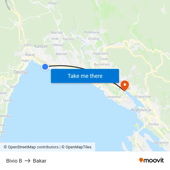 Bivio  B to Bakar map