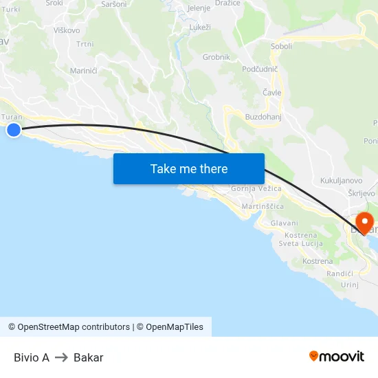 Bivio  A to Bakar map