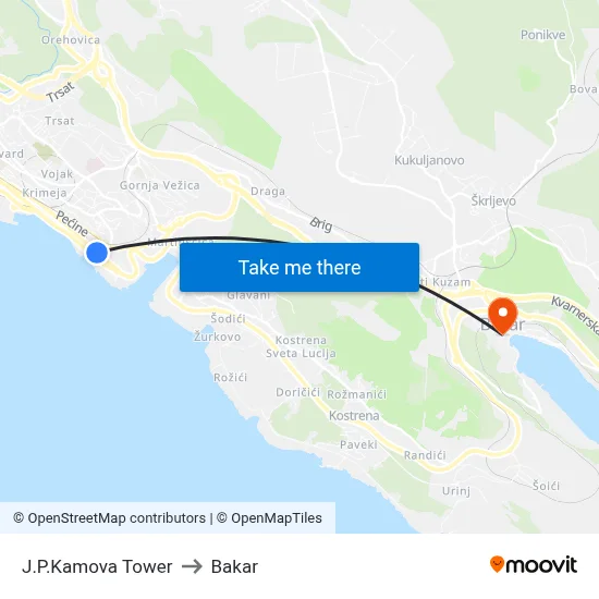 J.P.Kamova Tower to Bakar map