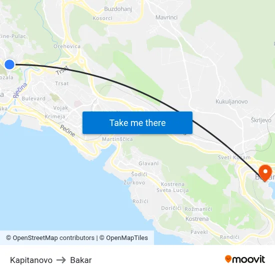 Kapitanovo to Bakar map