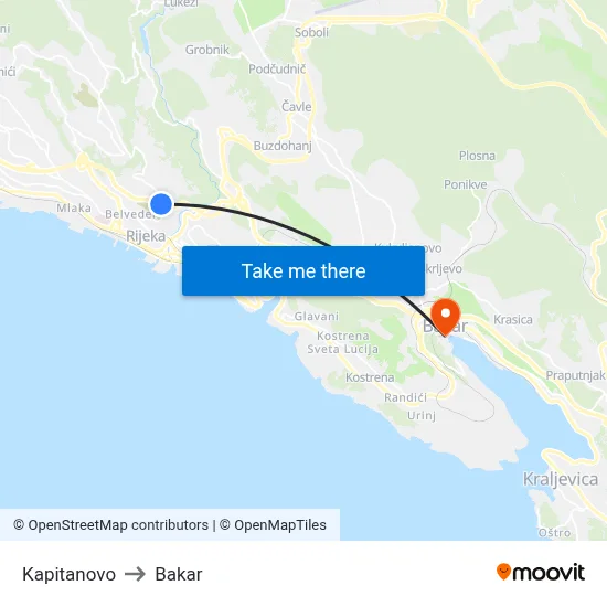 Kapitanovo to Bakar map