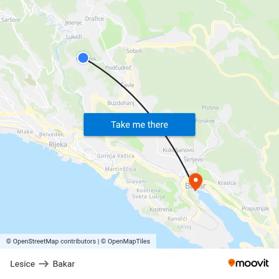Lesice to Bakar map