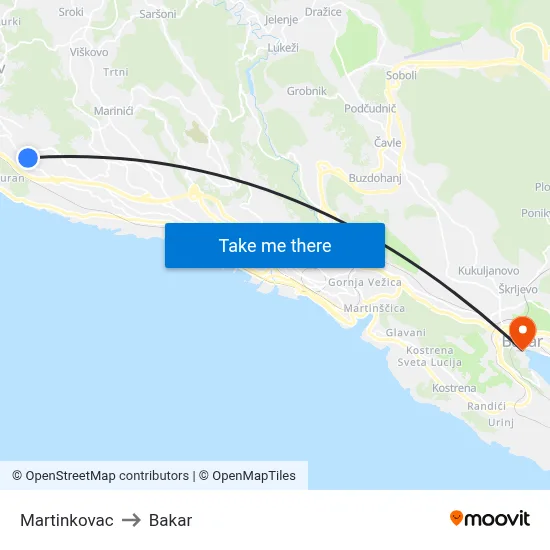 Martinkovac to Bakar map