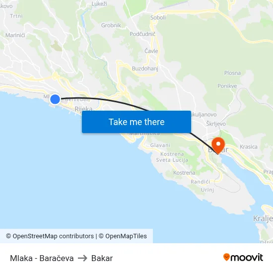 Mlaka - Baračeva to Bakar map