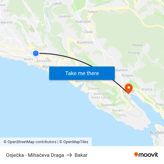Osječka - Mihačeva Draga to Bakar map