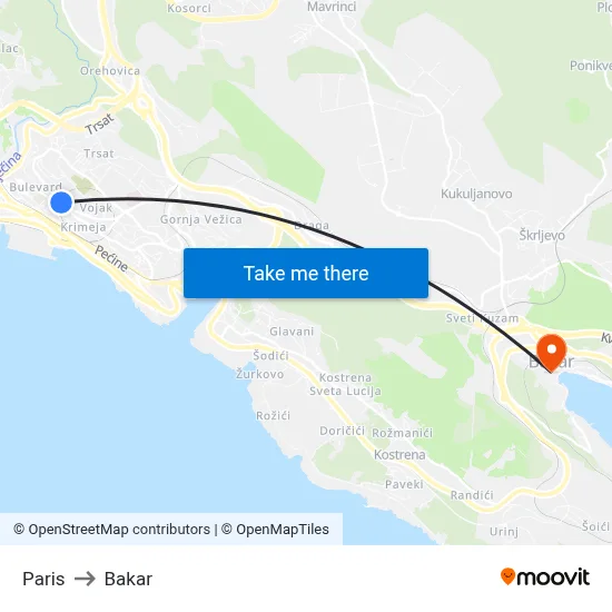 Paris to Bakar map