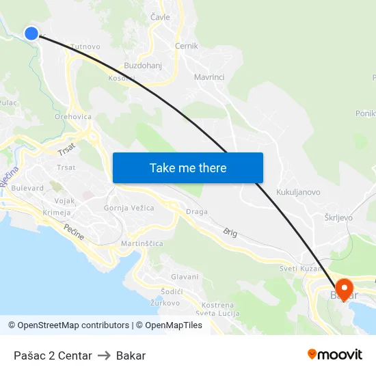 Pašac 2 Centar to Bakar map