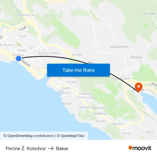Pećine Ž. Kolodvor to Bakar map