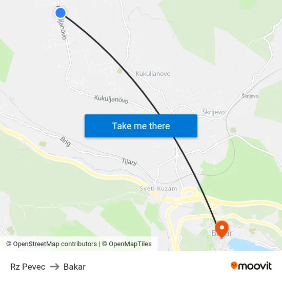 Rz Pevec to Bakar map