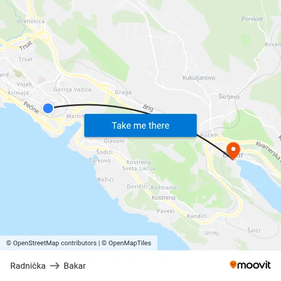 Radnička to Bakar map