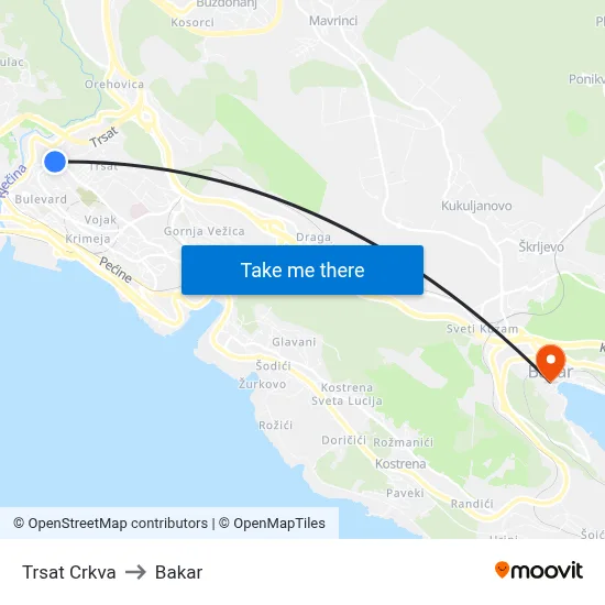 Trsat Crkva to Bakar map