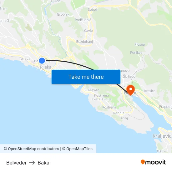 Belveder to Bakar map