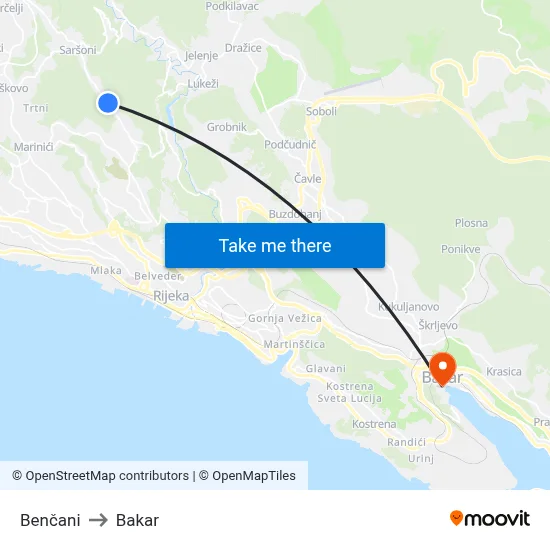 Benčani to Bakar map