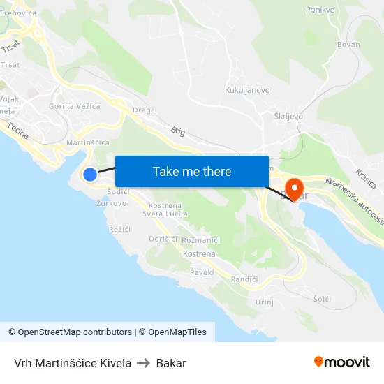 Vrh Martinšćice Kivela to Bakar map