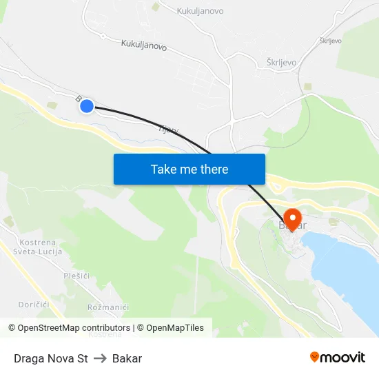 Draga Nova St to Bakar map