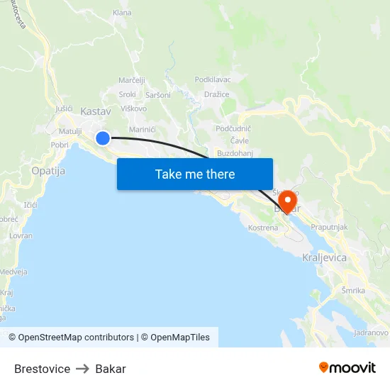 Brestovice to Bakar map