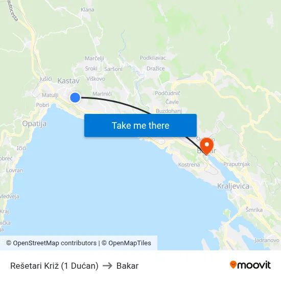 Rešetari Križ (1 Dućan) to Bakar map