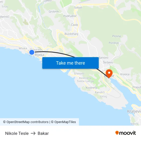 Nikole Tesle to Bakar map