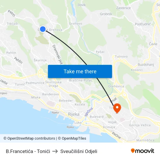 B.Francetića - Tonići to Sveučilišni Odjeli map