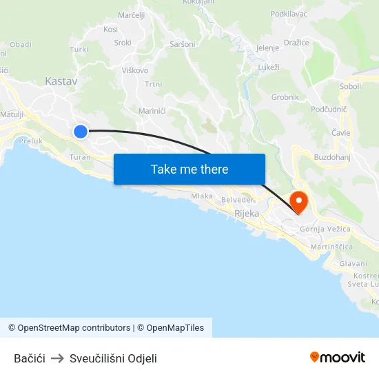Bačići to Sveučilišni Odjeli map