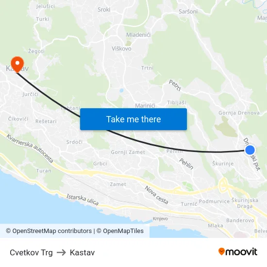 Cvetkov Trg to Kastav map