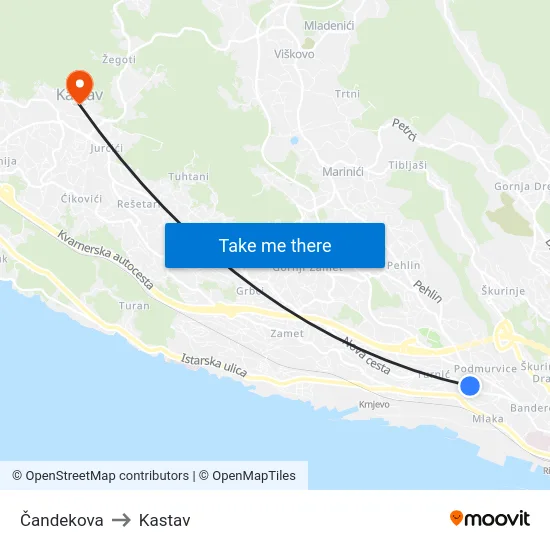 Čandekova to Kastav map