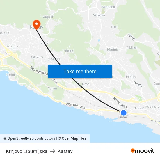 Krnjevo Liburnijska to Kastav map