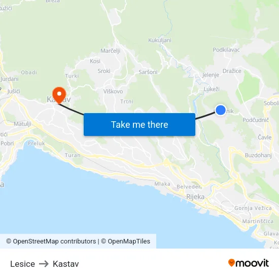 Lesice to Kastav map