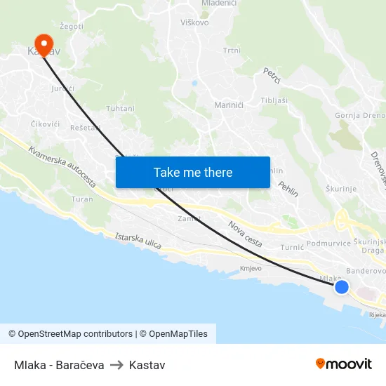 Mlaka - Baračeva to Kastav map