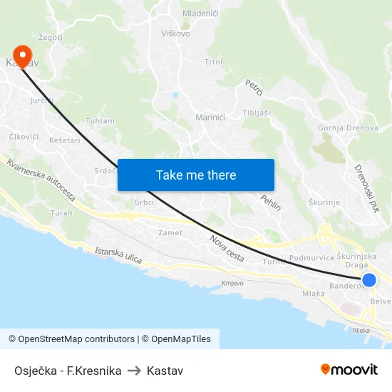 Osječka - F.Kresnika to Kastav map