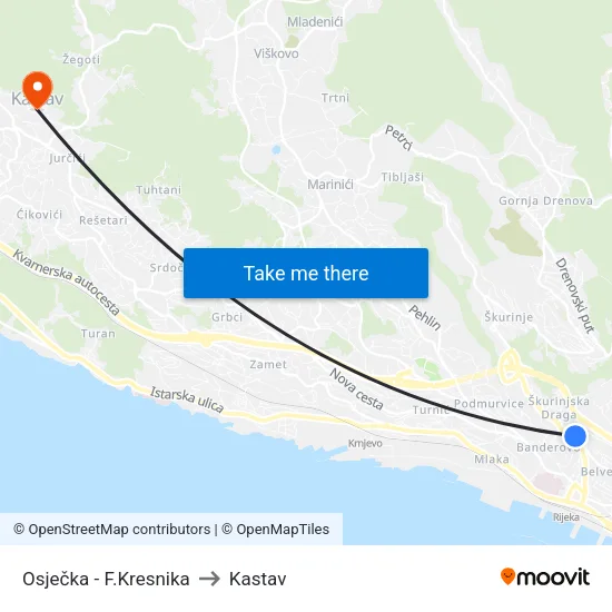 Osječka - F.Kresnika to Kastav map