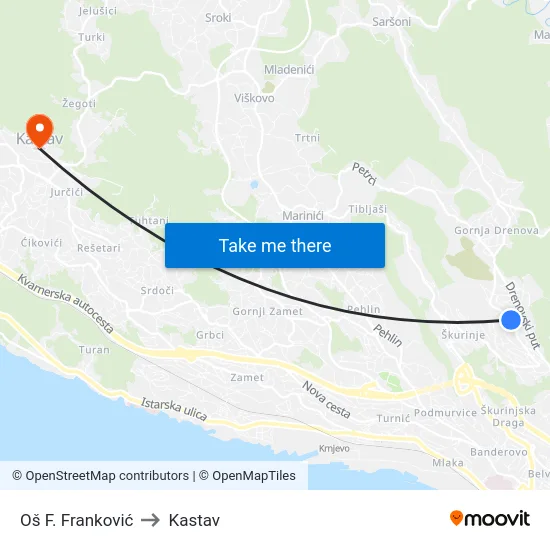 Oš F. Franković to Kastav map