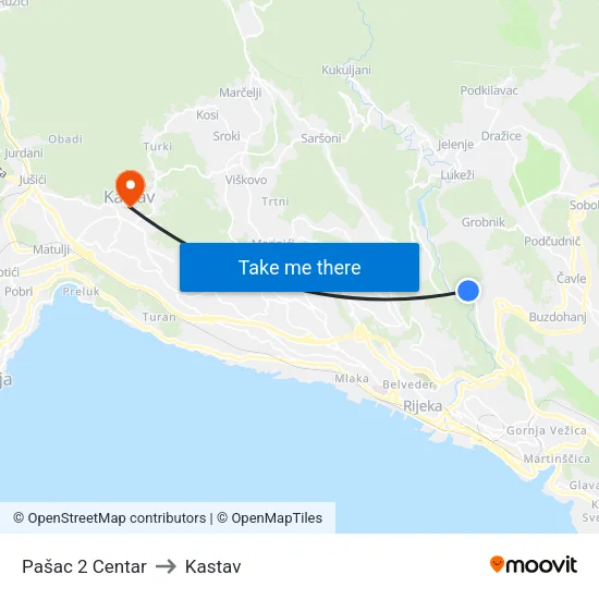 Pašac 2 Centar to Kastav map