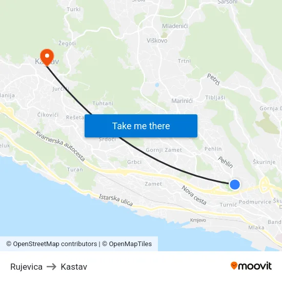 Rujevica to Kastav map