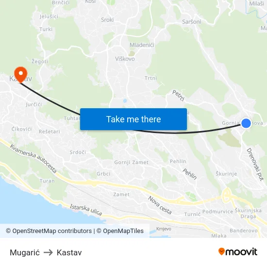 Mugarić to Kastav map