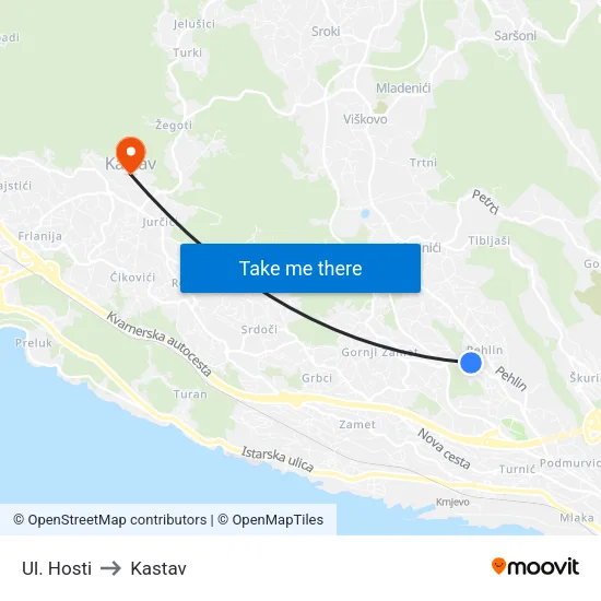 Ul. Hosti to Kastav map