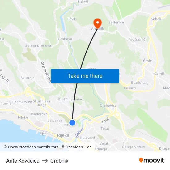 Ante Kovačića to Grobnik map
