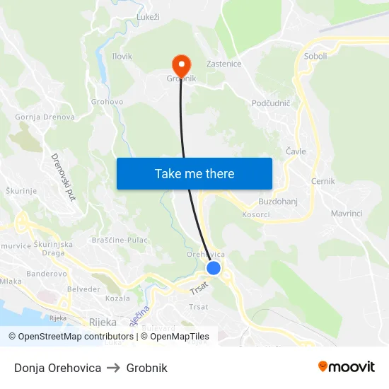 Donja Orehovica to Grobnik map