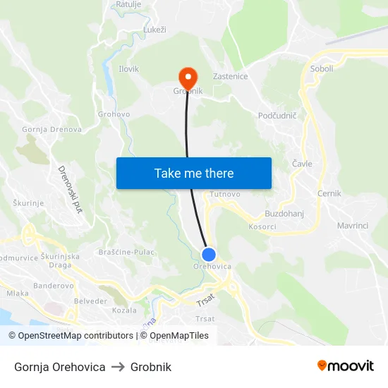 Gornja Orehovica to Grobnik map