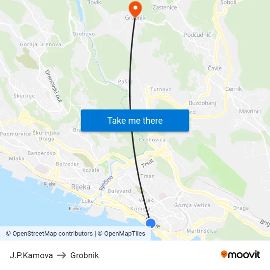 J.P.Kamova to Grobnik map