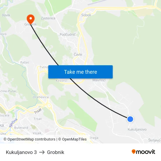 Kukuljanovo 3 to Grobnik map