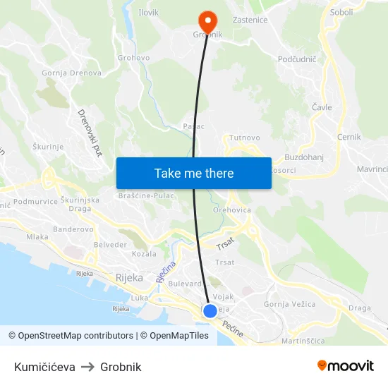 Kumičićeva to Grobnik map