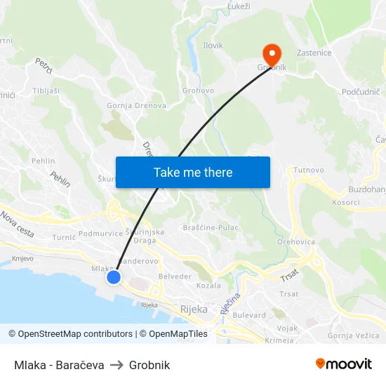 Mlaka - Baračeva to Grobnik map