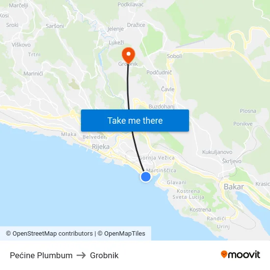 Pećine Plumbum to Grobnik map