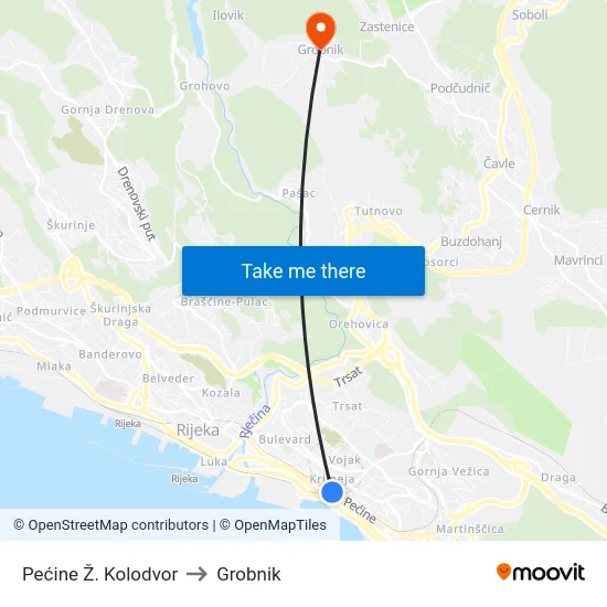 Pećine Ž. Kolodvor to Grobnik map