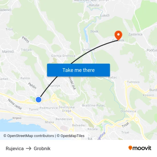 Rujevica to Grobnik map