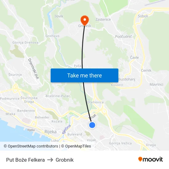 Put Bože Felkera to Grobnik map