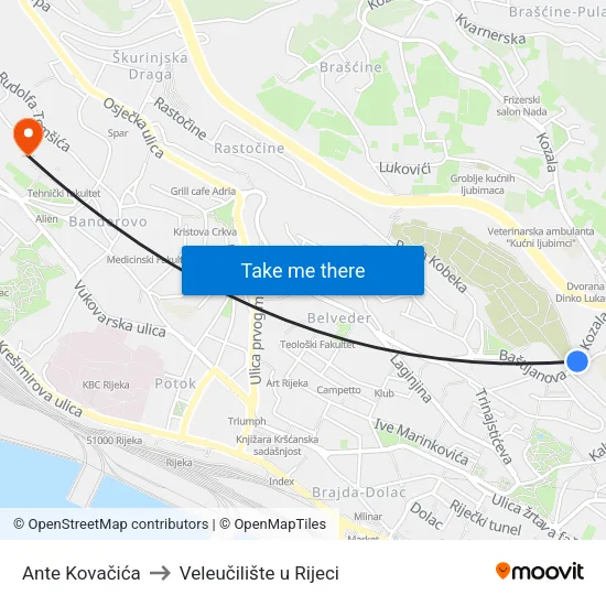 Ante Kovačića to Veleučilište u Rijeci map