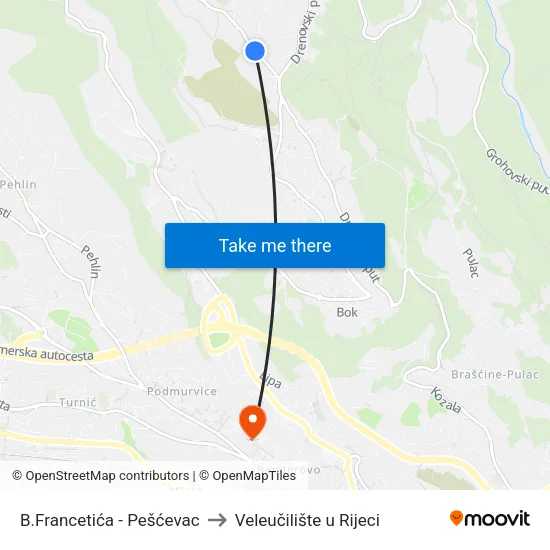 B.Francetića - Pešćevac to Veleučilište u Rijeci map