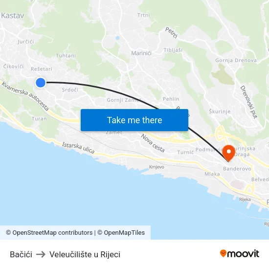 Bačići to Veleučilište u Rijeci map